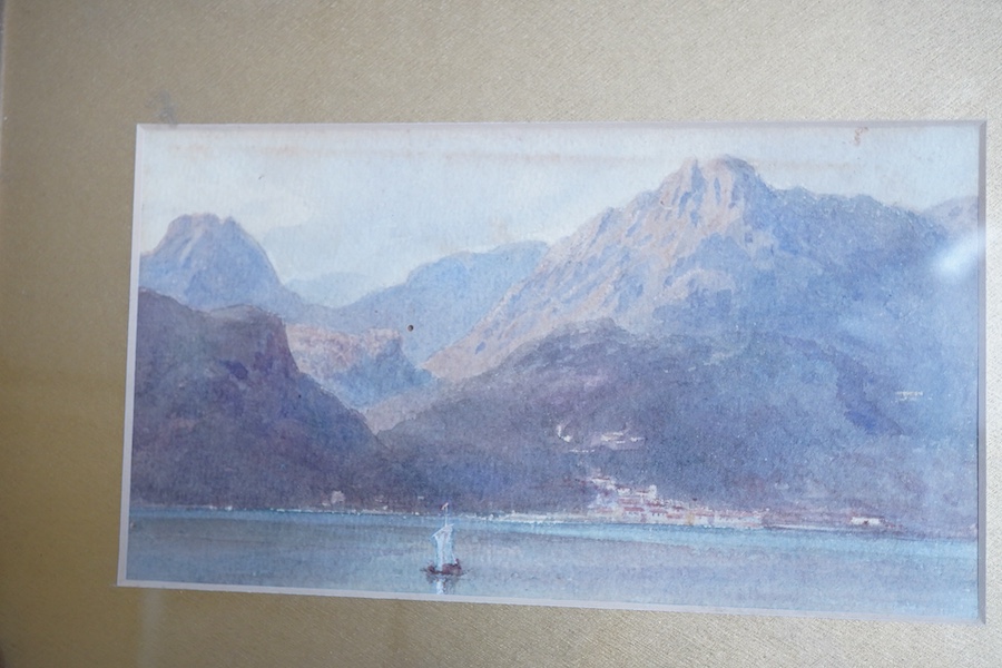 Louis Laurent Raze (1805-1872), Continental views to include Lake Como, one signed and dated 1868, three watercolours, largest 24 x 36cm, together with a print of a stained glass window, map of Montgomery and a 19th cent